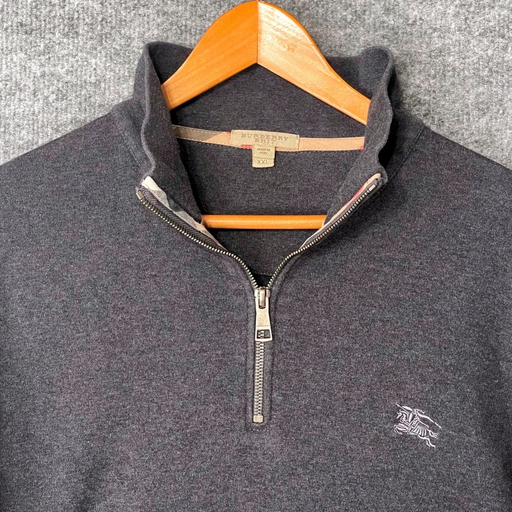 Burberry Brit Mens Charcoal Grey Cotton Quarter Zip Pullover Sweater XXL Logo